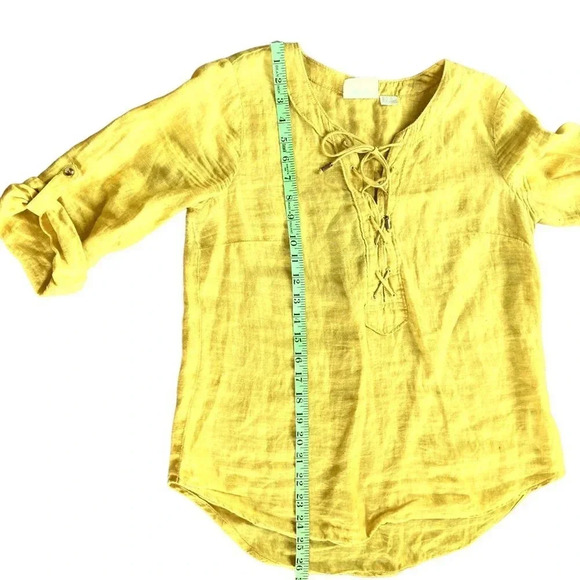 Maeve Anthropologie Linen Top, Size 6, Marva Mustard Yellow Gold Lace-up Neck - Picture 10 of 11